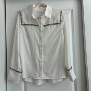 NWT Fate White Tweed Button Down Shirt Blouse Sz S Office Career